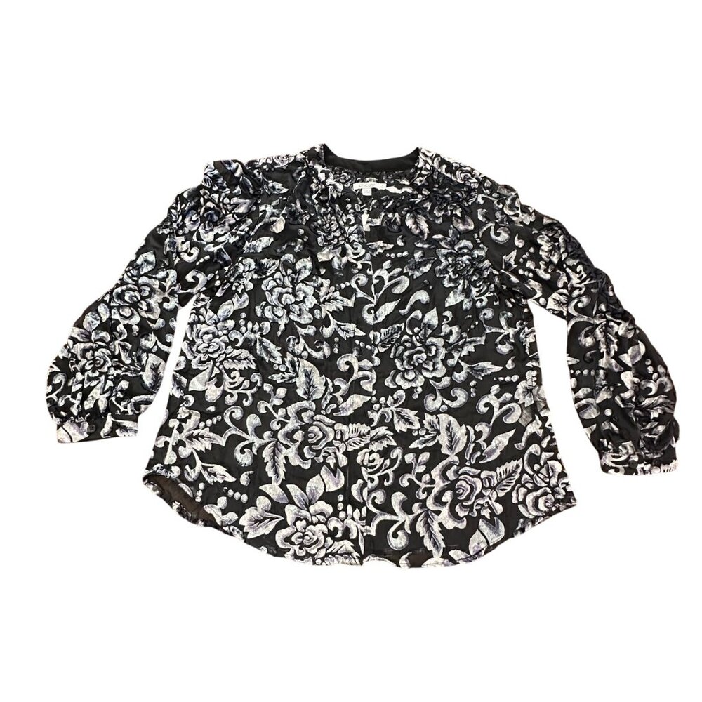 Chico's Shirt Size 2 L Black White Purple Floral Sheer Velvet Burnout Blouse